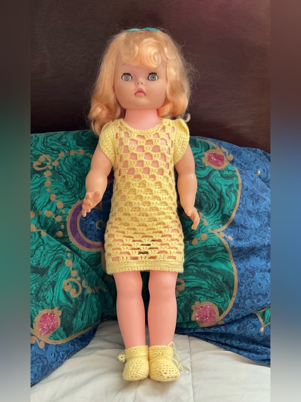 Hand-Crocheted Yellow Doll Dress and Booties - Kids Toys